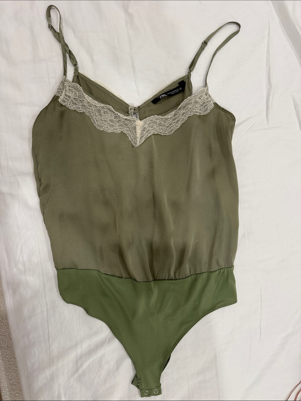 Zara Olive & Cream Lace Trim Bodysuit